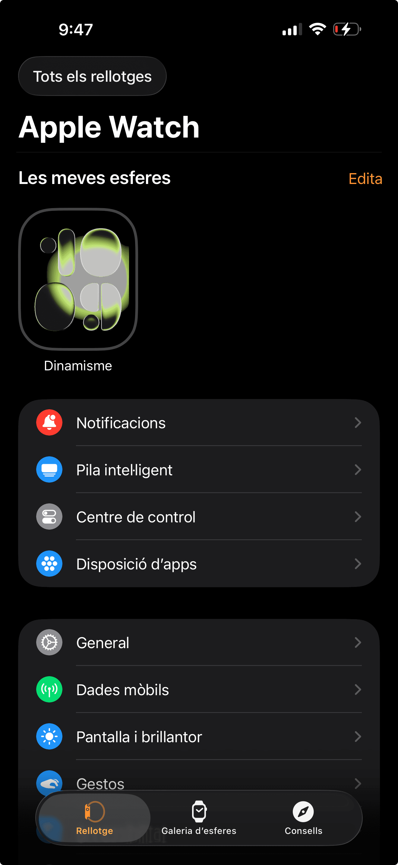 Pas 2: Verifica que tens el teu Apple Watch emparellat i prémer l’opció “Dades mòbils”